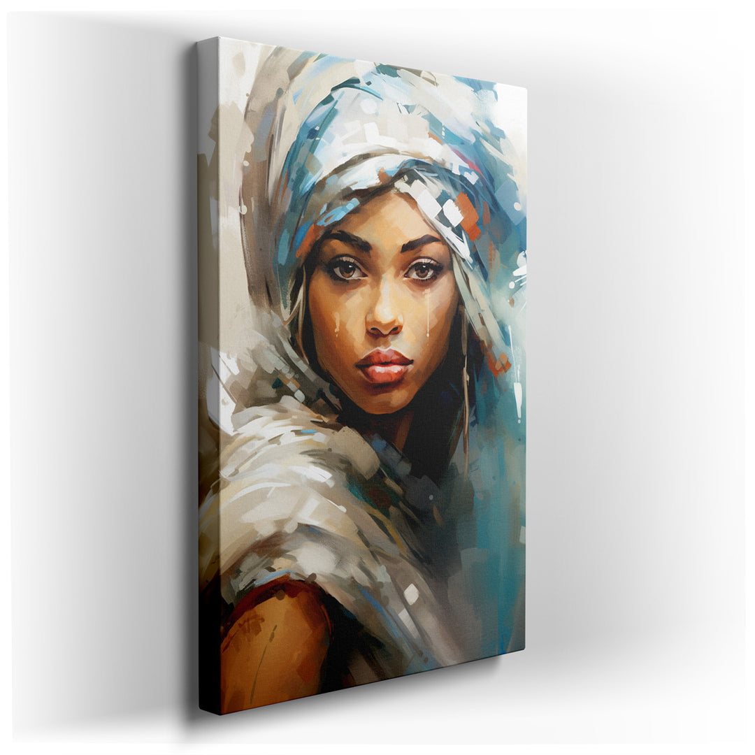 canvas print on wrapped canvas for wall decor – This exquisite wall art portrays a woman dressed in traditional attire, capturing her beauty and grace with a profound s...