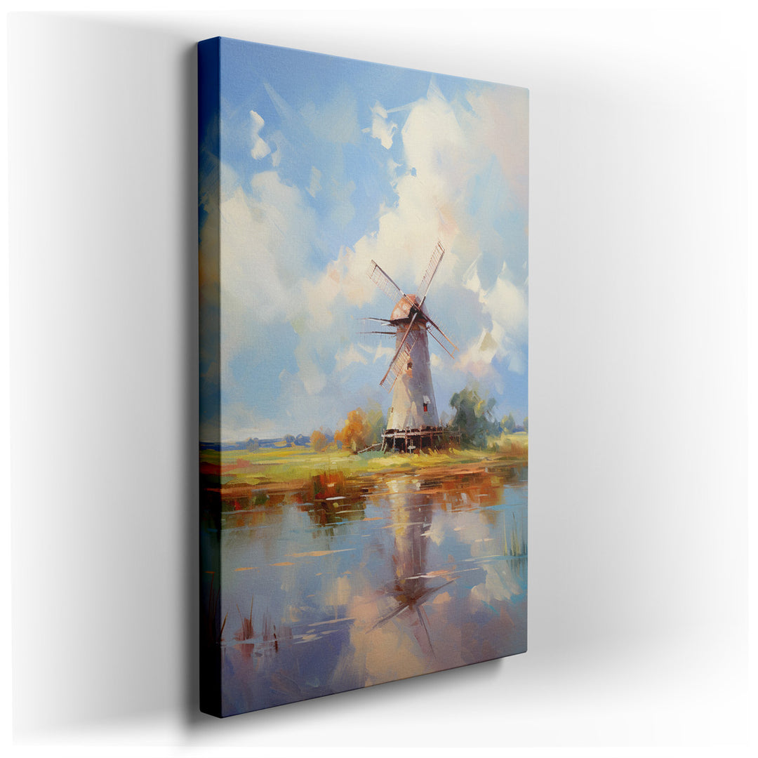 canvas print on wrapped canvas for wall decor – This enchanting wall art captures the timeless beauty of a traditional windmill, its sails poised as if caught in a gent...