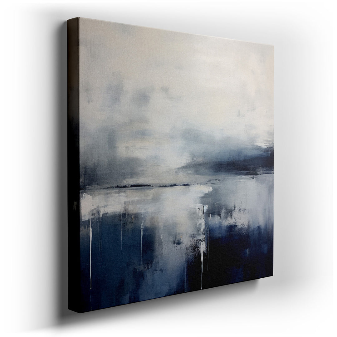 canvas print on wrapped canvas for wall decor – This wall art, an exquisite representation of an abstract landscape, is masterfully rendered in a palette of muted blues...