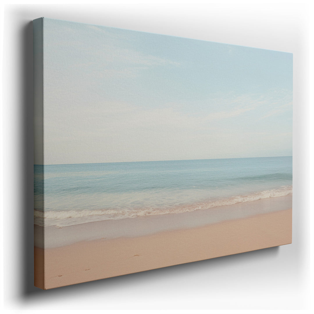 canvas print on wrapped canvas for wall decor – This exquisite wall art captures the quintessence of a serene beachscape, where the clear turquoise waters gently kiss t...