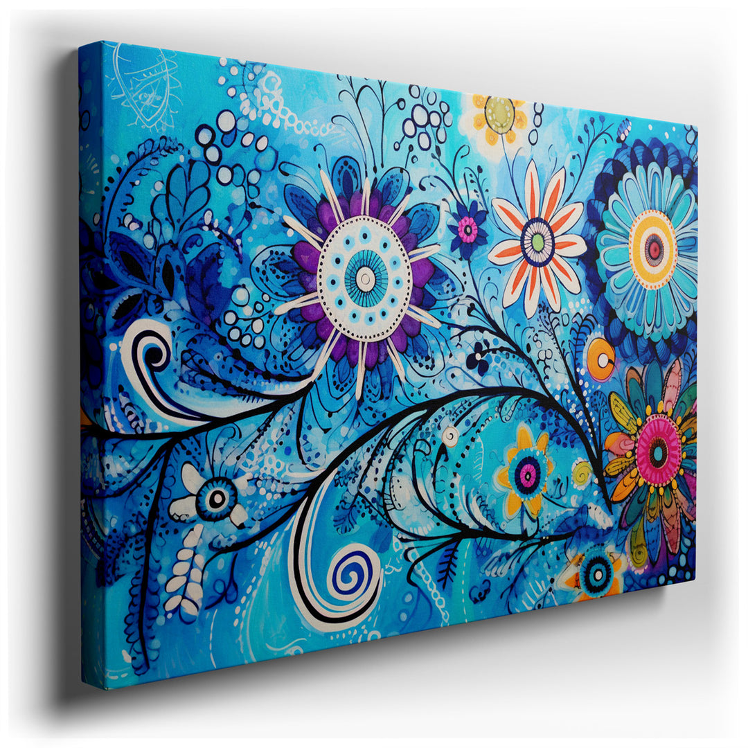 canvas print on wrapped canvas for wall decor – The wall art in question is a captivating piece that masterfully blends luminous blue floral patterns with abstract line...