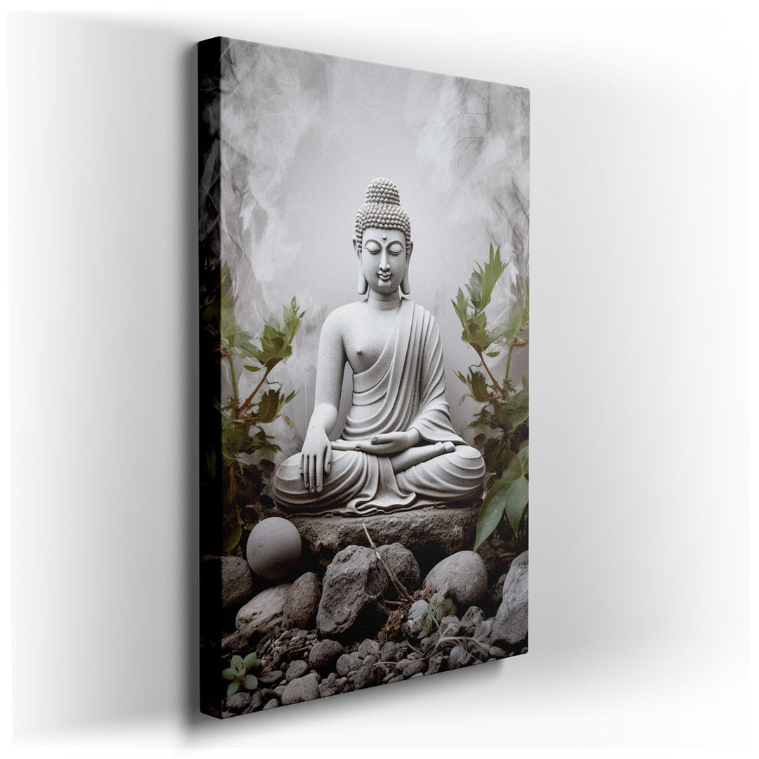 canvas print on wrapped canvas for wall decor – The wall art captures a profoundly serene and tranquil scene, centered around a gracefully seated Buddha statue. This st...