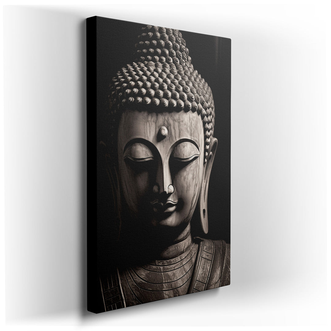 canvas print on wrapped canvas for wall decor – This wall art, a masterful black and white portrayal of an elegantly carved wooden Buddha sculpture, is a profound artis...