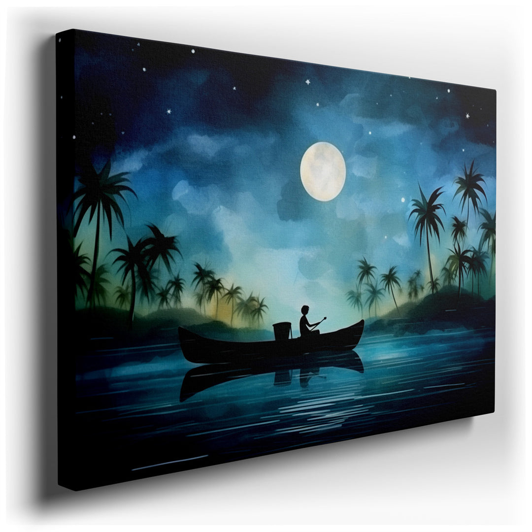 canvas print on wrapped canvas for wall decor – This enchanting wall art captures a tranquil scene of canoeing under a starlit sky, offering a glimpse into a serene noc...