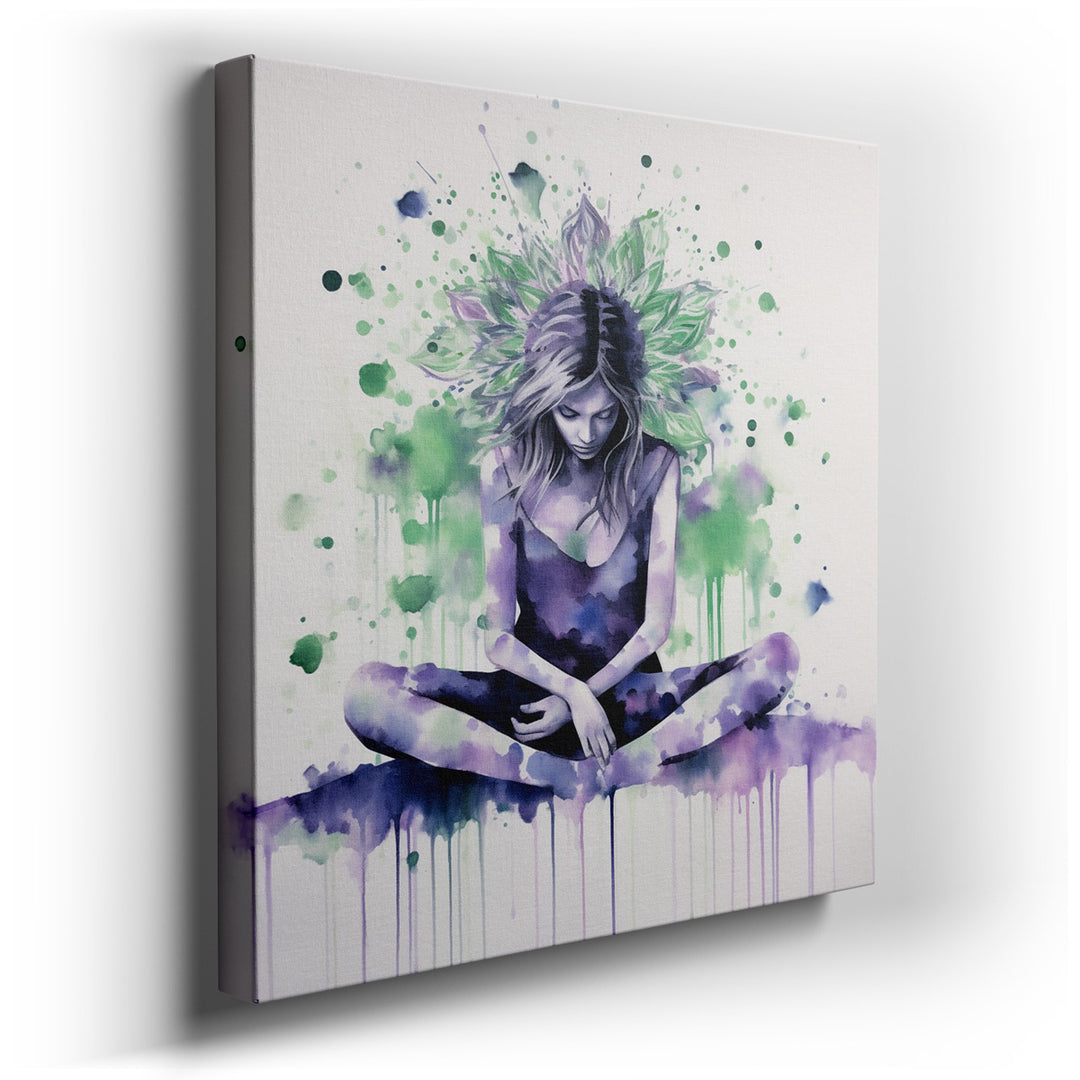 canvas print on wrapped canvas for wall decor – This captivating wall art portrays a woman in deep meditation, enveloped by a whirlwind of vibrant watercolor splashes t...