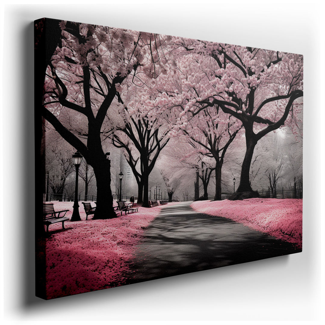 canvas print on wrapped canvas for wall decor – This exquisite wall art captures the essence of a serene cherry blossom pathway, where vibrant pink blooms stand out aga...