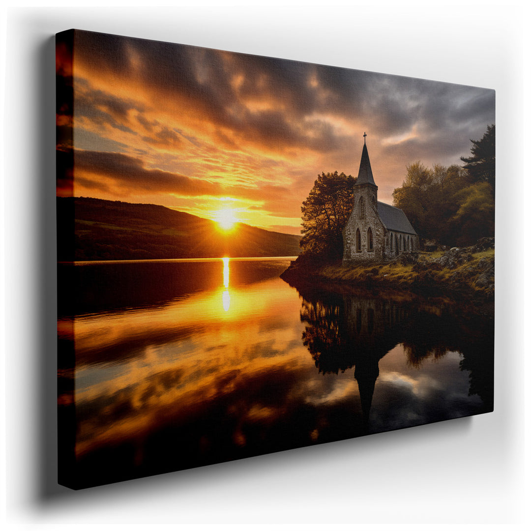 canvas print on wrapped canvas for wall decor – This enchanting wall art captures a serene moment at sunset, where a charming church sits gracefully by the water's edge...