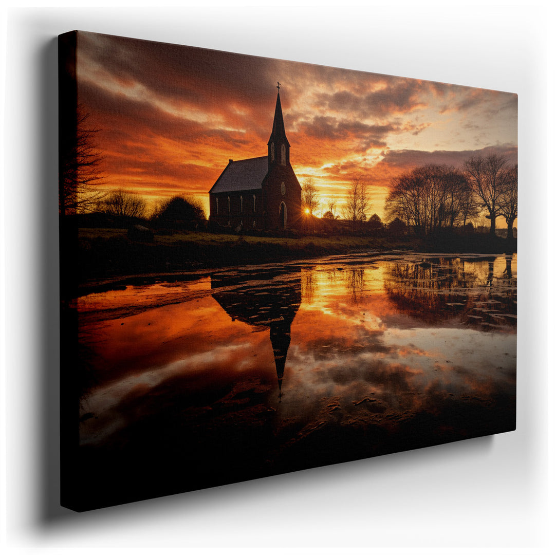canvas print on wrapped canvas for wall decor – This wall art, a mesmerizing depiction of a charming church silhouette set against a vibrant sunset, is a masterpiece th...