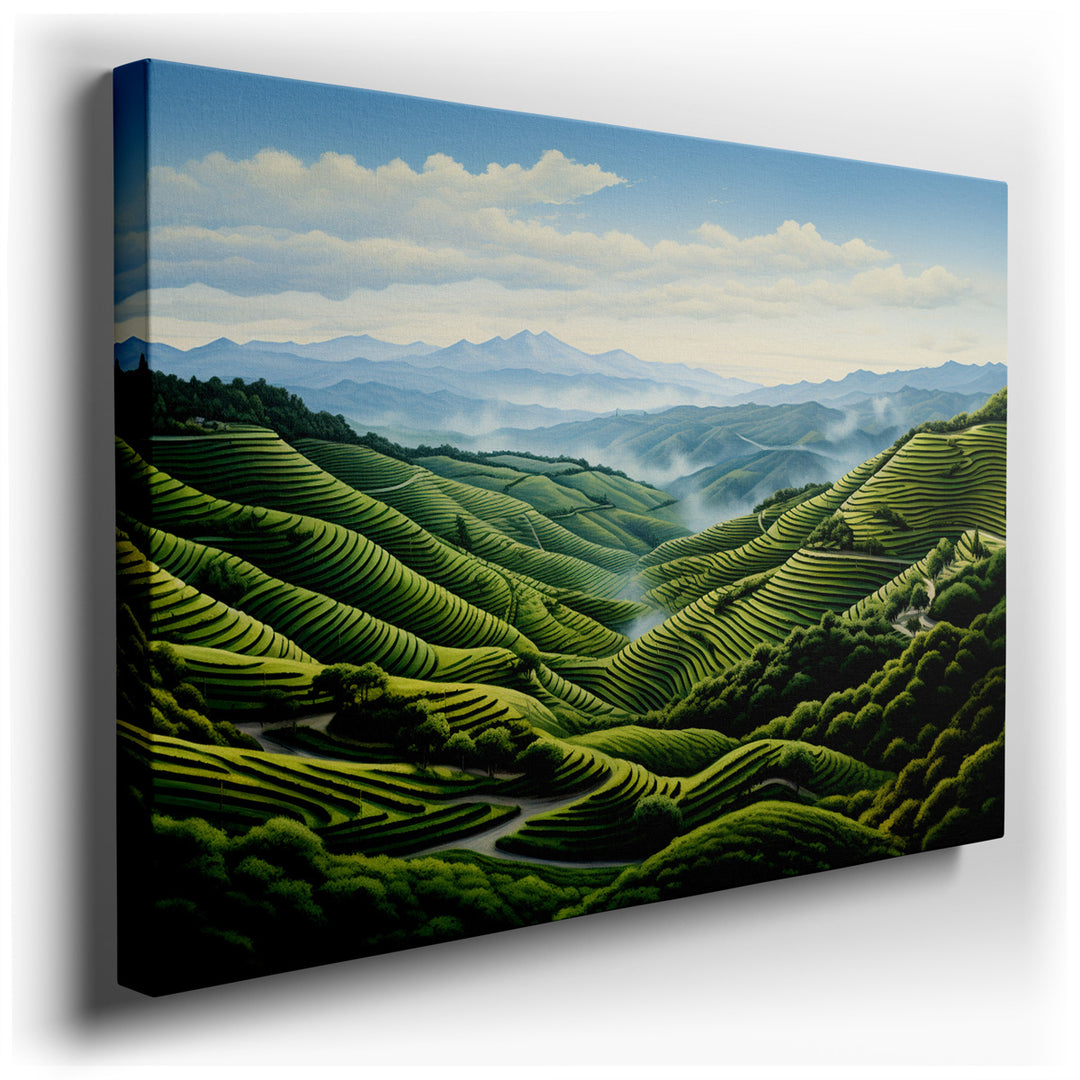 canvas print on wrapped canvas for wall decor – This exquisite wall art captures the essence of a serene, pastoral landscape, where lush green terraces ripple across th...