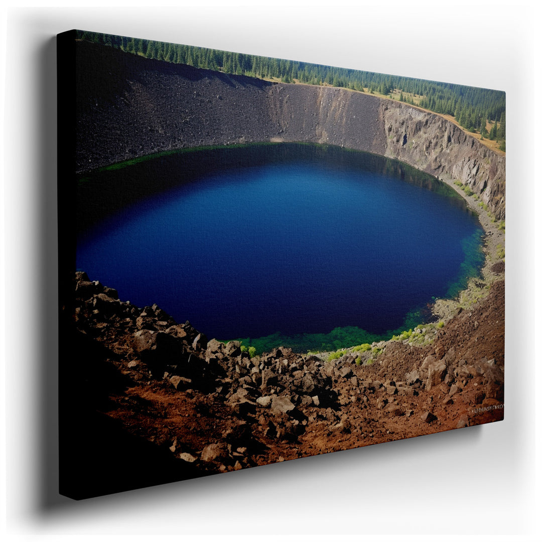 canvas print on wrapped canvas for wall decor – This exquisite wall art captures the serene and majestic essence of a secluded crater lake, a masterpiece that invites v...