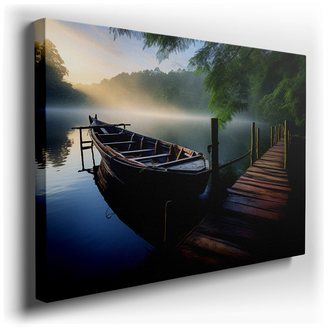 canvas print on wrapped canvas for wall decor – This wall art captures a tranquil dawn, meticulously portraying an old wooden boat gently tethered to a rustic dock. The...