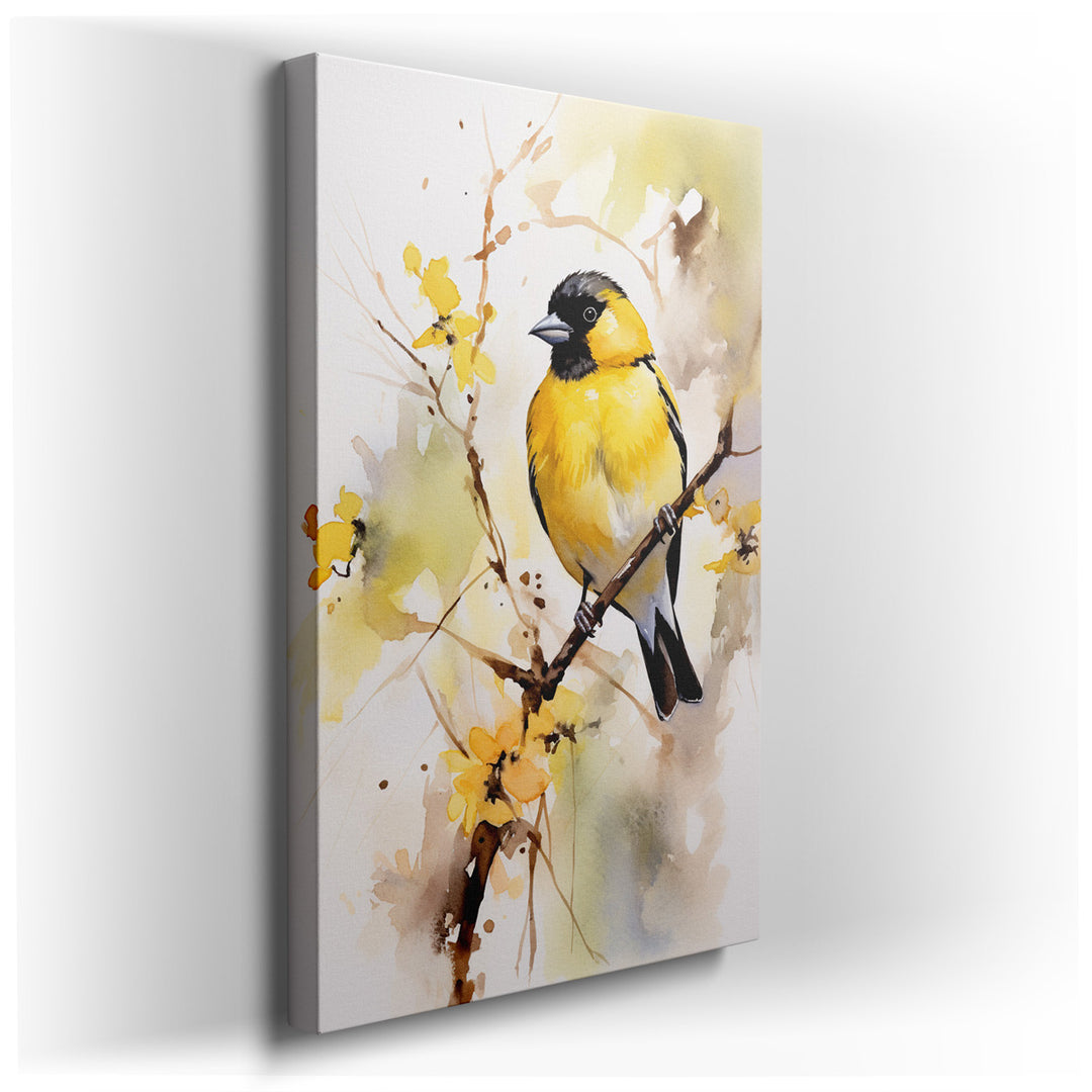 canvas print on wrapped canvas for wall decor – This exquisite watercolor wall art, a masterful depiction of a serene moment in nature, features a charming yellow bird...
