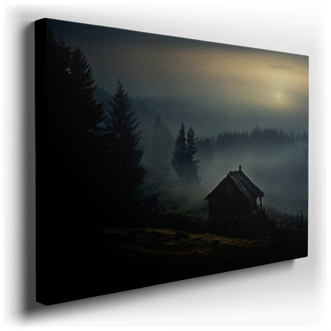 canvas print on wrapped canvas for wall decor – This wall art captures a serene and fog-laden landscape that exudes tranquility and a sense of time standing still. At t...