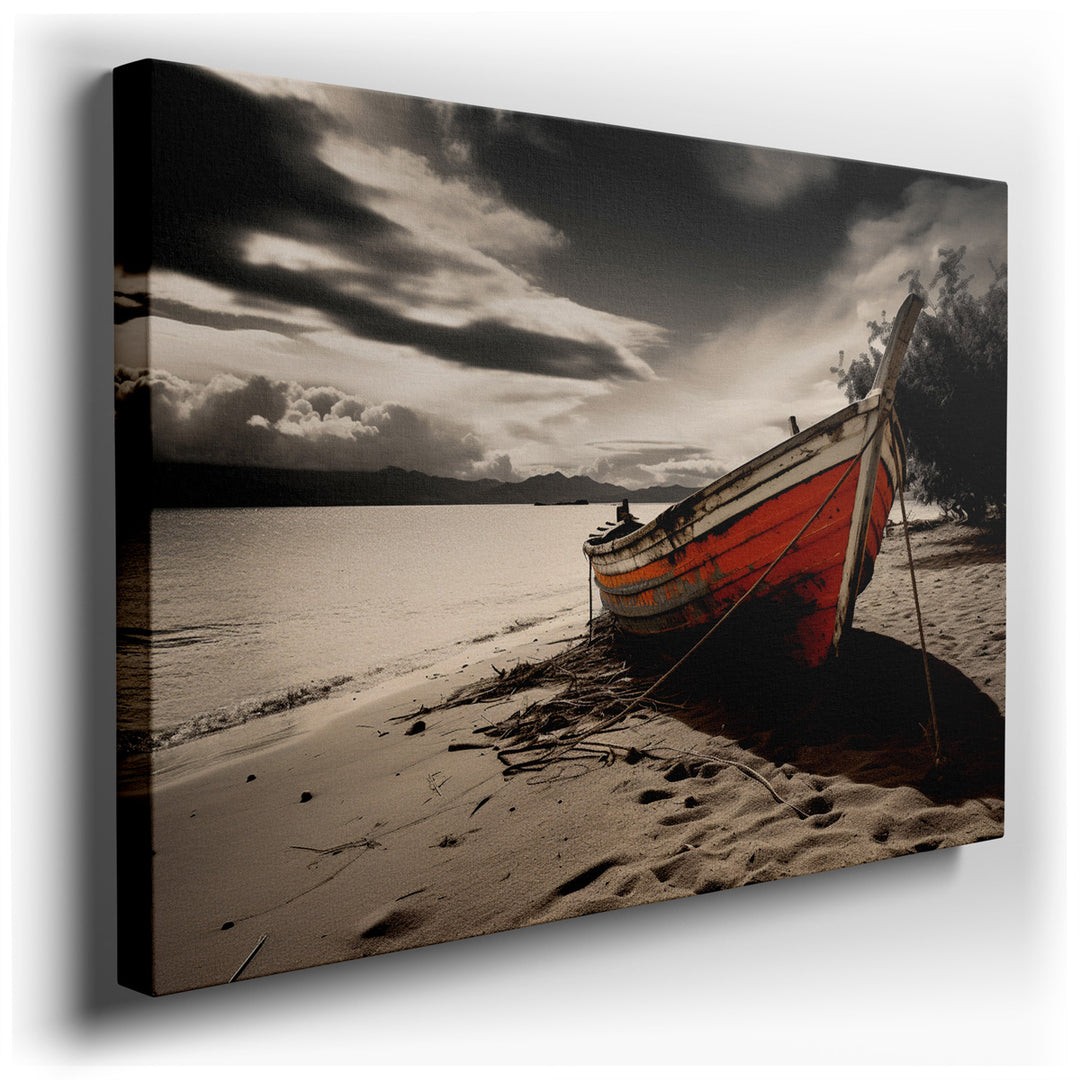 canvas print on wrapped canvas for wall decor – This enchanting wall art captures a serene and poignant scene of an abandoned fishing boat resting on a sandy beach as d...
