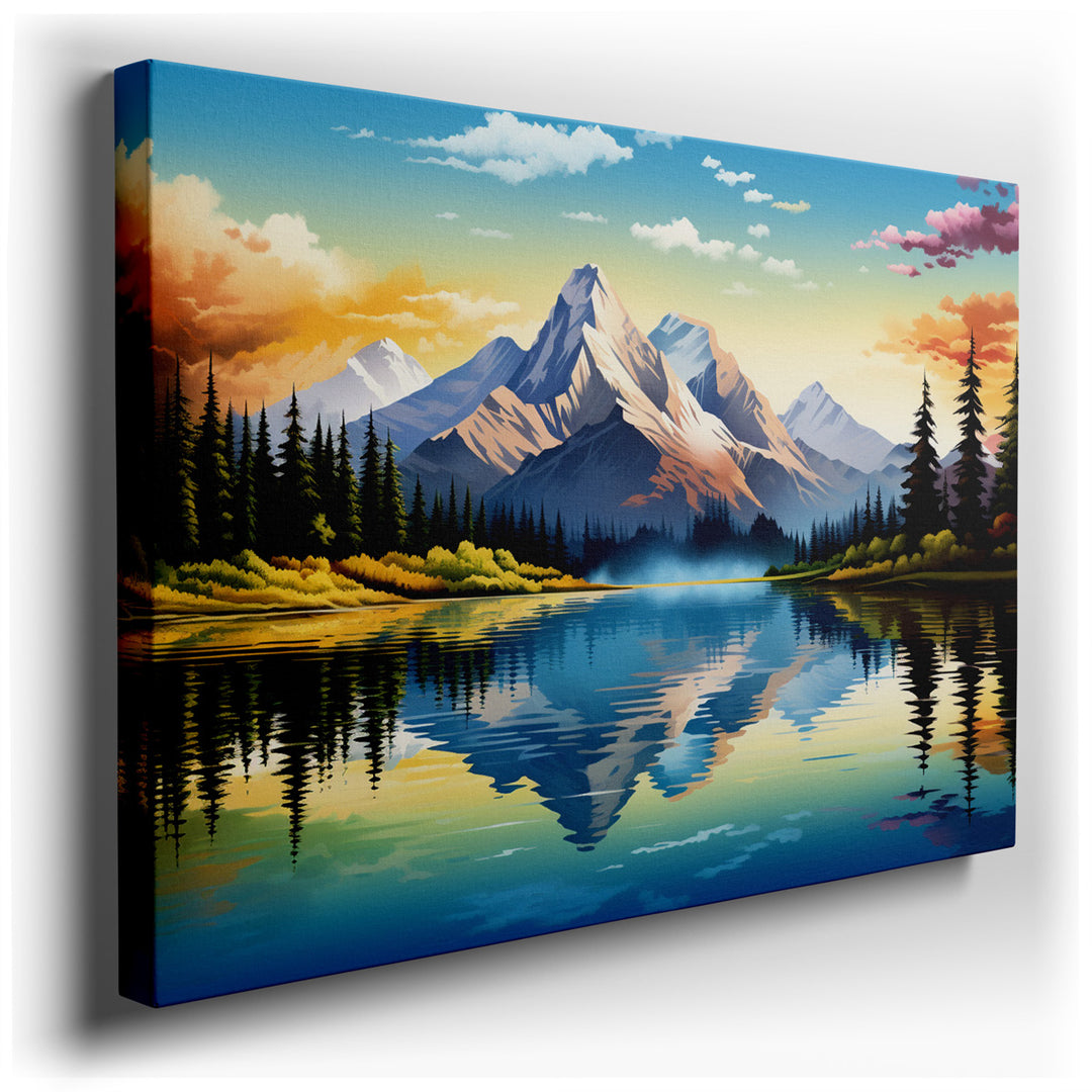 canvas print on wrapped canvas for wall decor – Imagine a wall art that captures the essence of a tranquil evening by a serene lake, where the vibrant spectacle of a su...