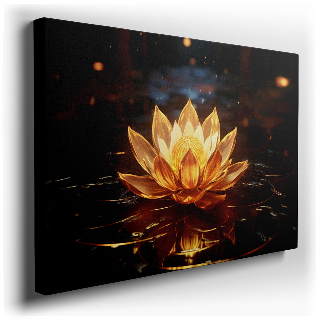 canvas print on wrapped canvas for wall decor – This enchanting wall art portrays a golden lotus flower in full bloom, delicately floating on a serene water surface. Th...