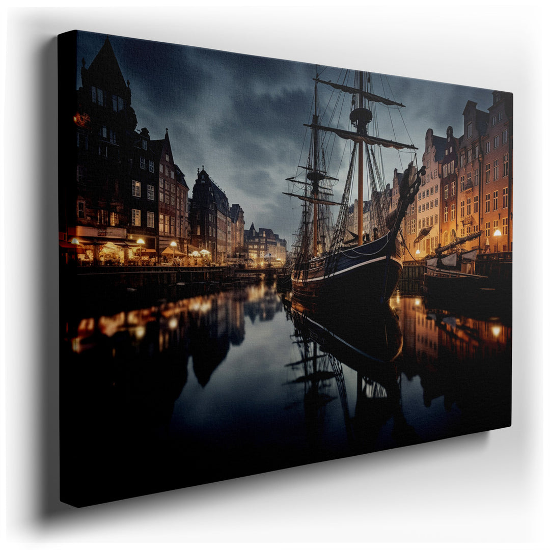canvas print on wrapped canvas for wall decor – This wall art, a masterful depiction of a tranquil harbor at twilight, is an exquisite representation of maritime elegan...