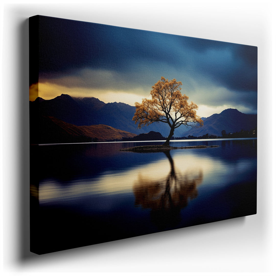 canvas print on wrapped canvas for wall decor – This wall art, a masterful depiction of serene natural beauty, portrays a solitary tree on a small island, encapsulated...