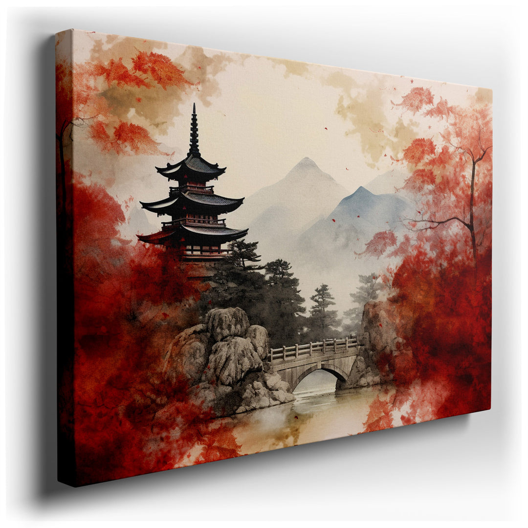 canvas print on wrapped canvas for wall decor – This exquisite wall art portrays a captivating Japanese pagoda, gracefully nestled within a breathtaking autumnal landsc...