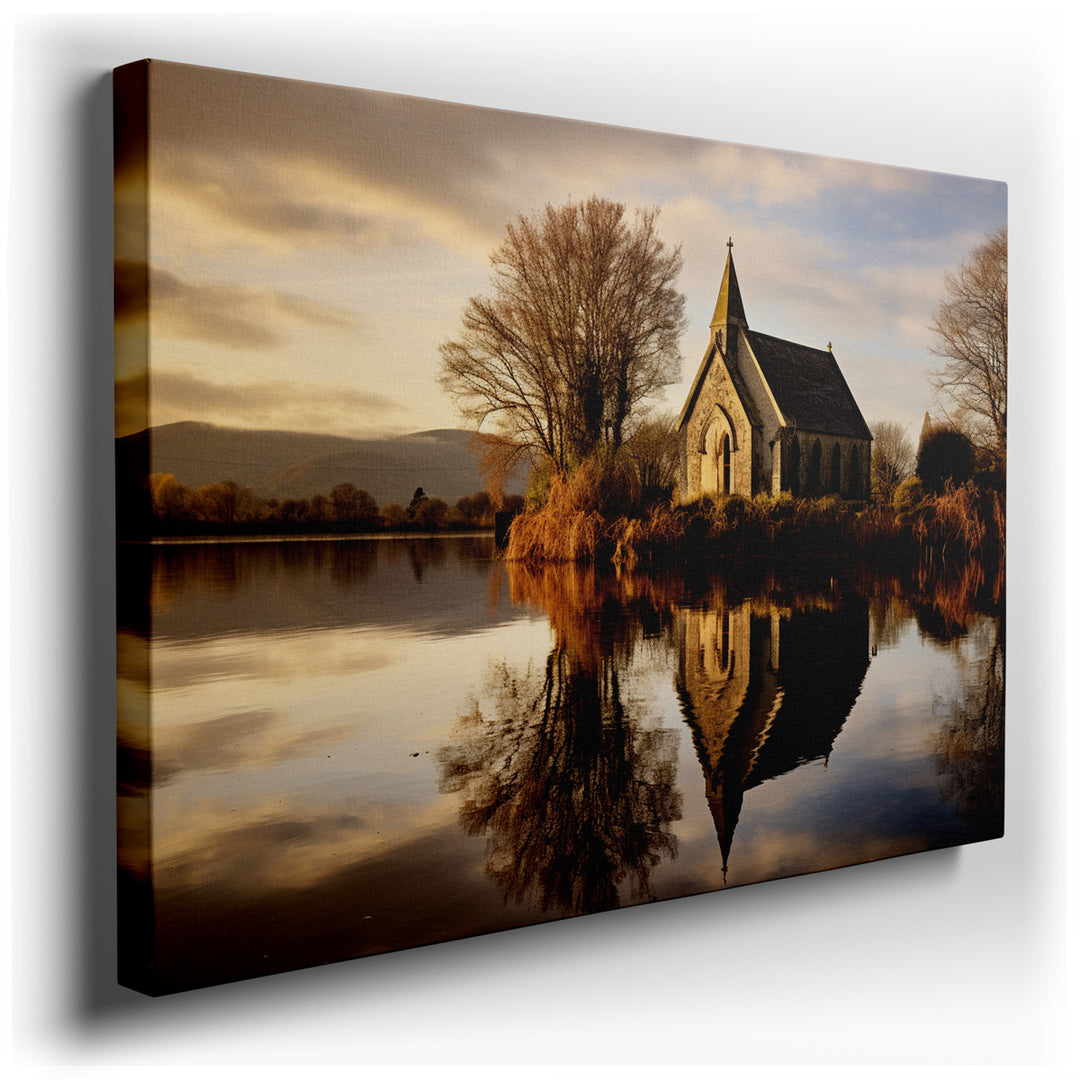 canvas print on wrapped canvas for wall decor – This wall art, a masterful depiction of tranquility and spiritual serenity, portrays a charming church delicately reflec...