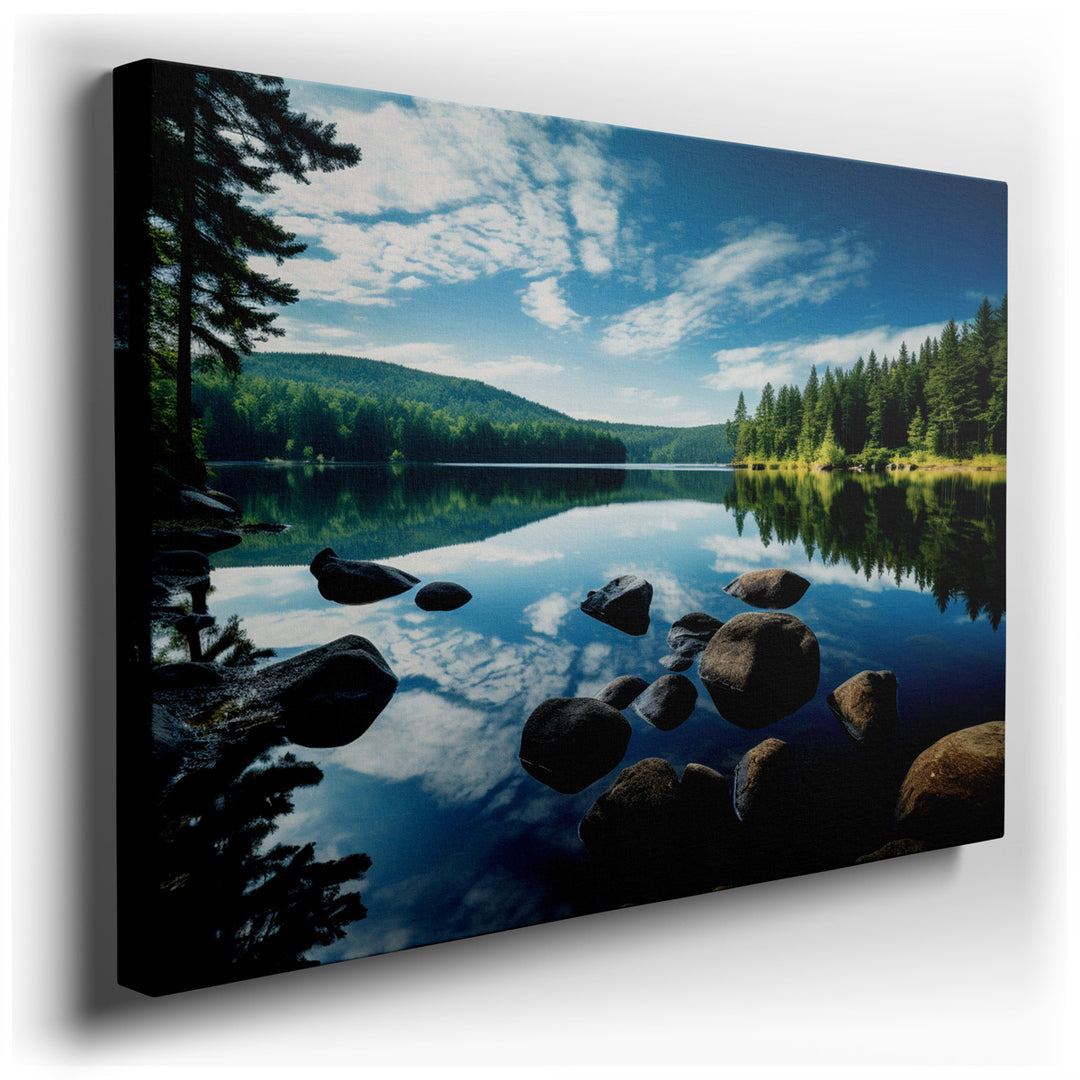 canvas print on wrapped canvas for wall decor – This exquisite wall art captures the essence of a tranquil natural setting, where the serenity of a pristine lake takes...