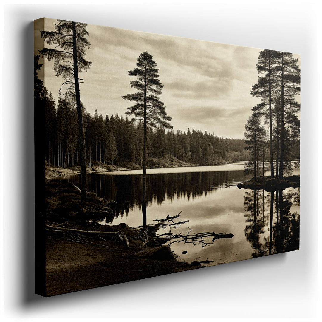 canvas print on wrapped canvas for wall decor – This wall art, a serene lakeside view canvas by lush forest trees, is a masterpiece of tranquility and natural beauty, r...