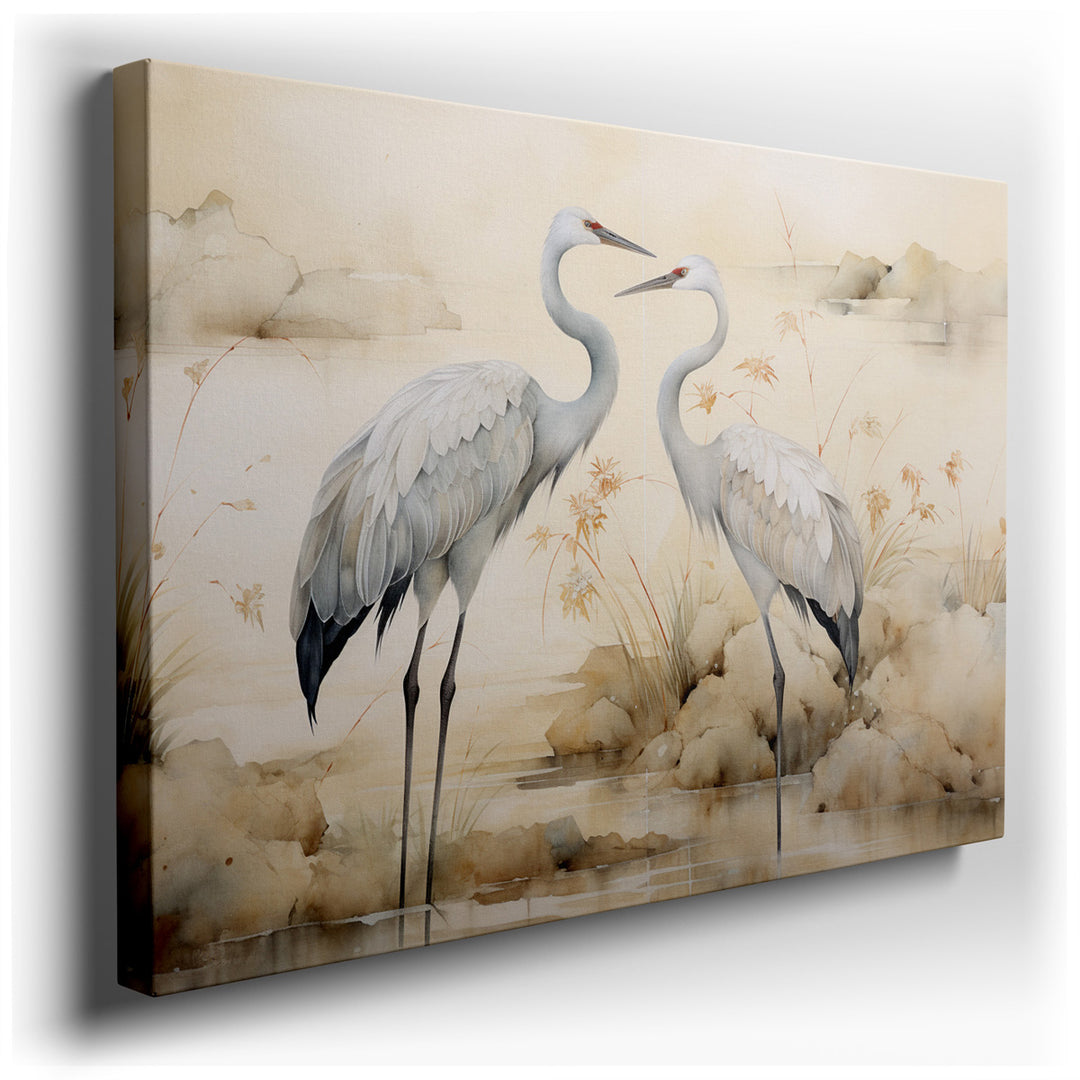 canvas print on wrapped canvas for wall decor – This exquisite wall art portrays two elegant cranes standing together in a tranquil landscape, a masterpiece that encaps...