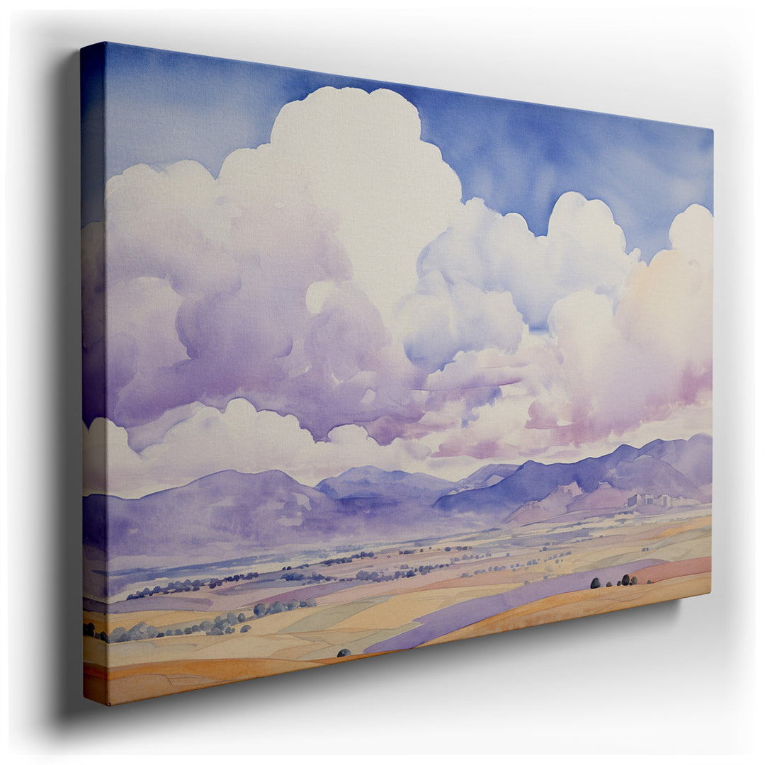 canvas print on wrapped canvas for wall decor – This serene landscape wall art, with its soft interplay of clouds against distant mountains, is a masterpiece of tranqui...