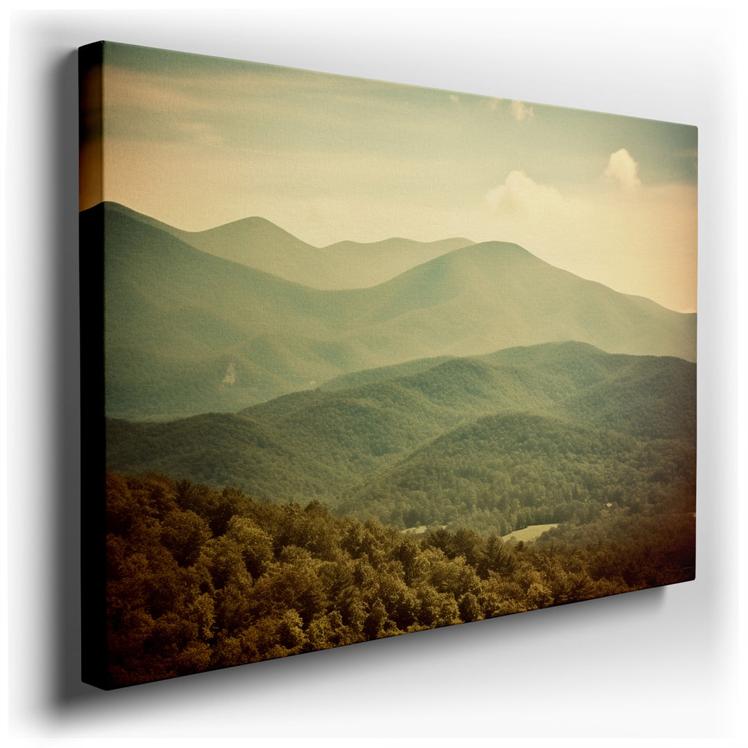 canvas print on wrapped canvas for wall decor – This exquisite wall art, a masterful depiction of a serene landscape, portrays rolling mountains bathed under a soft, mu...