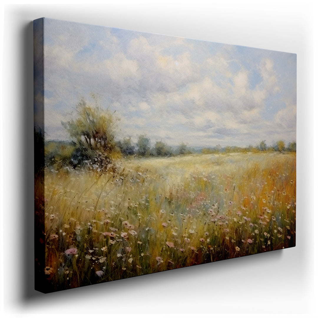 canvas print on wrapped canvas for wall decor – This enchanting wall art captures the essence of a serene landscape, depicting a picturesque meadow brimming with vibran...
