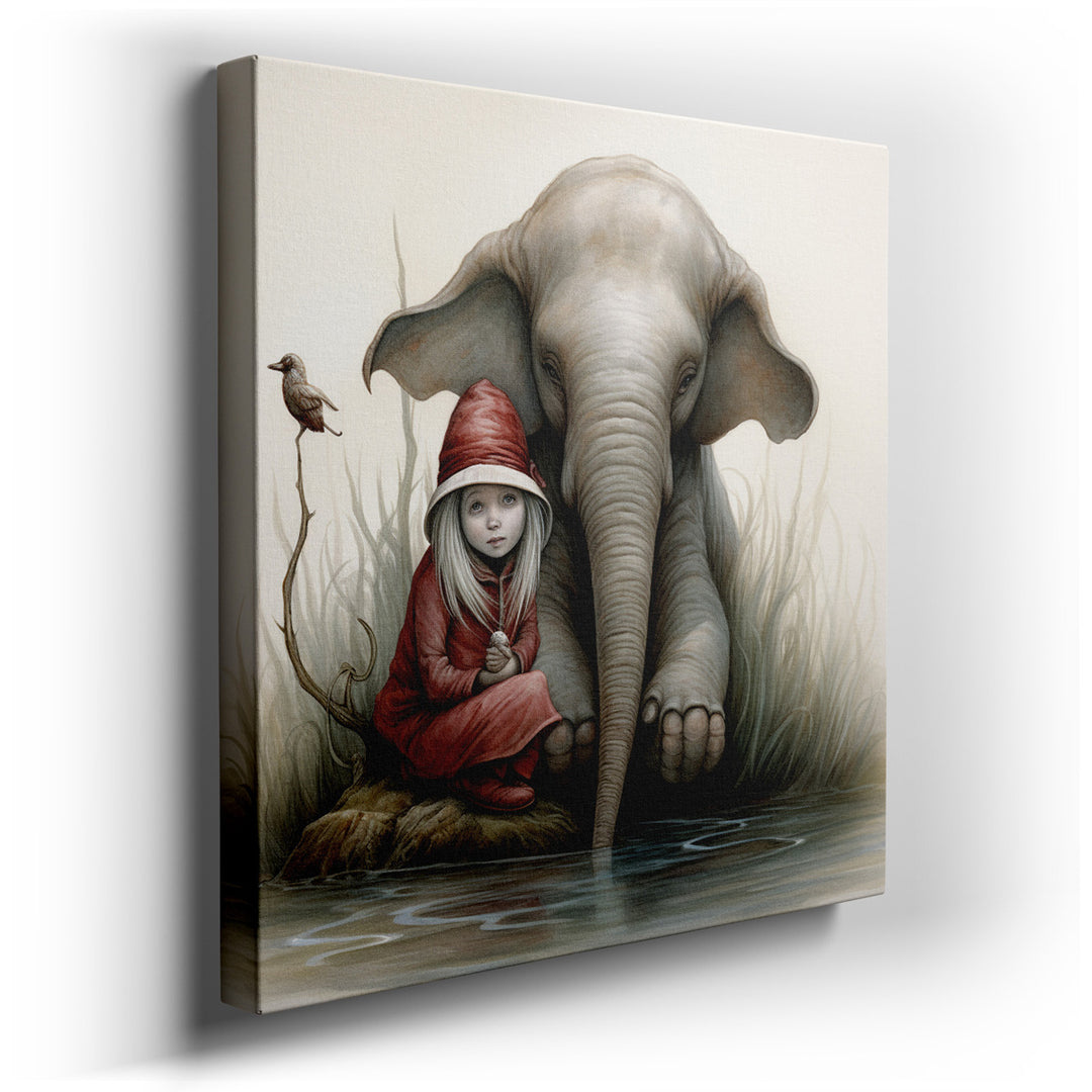 canvas print on wrapped canvas for wall decor – This enchanting wall art captures a serene and dreamlike moment between a young girl and a majestic elephant, both seate...