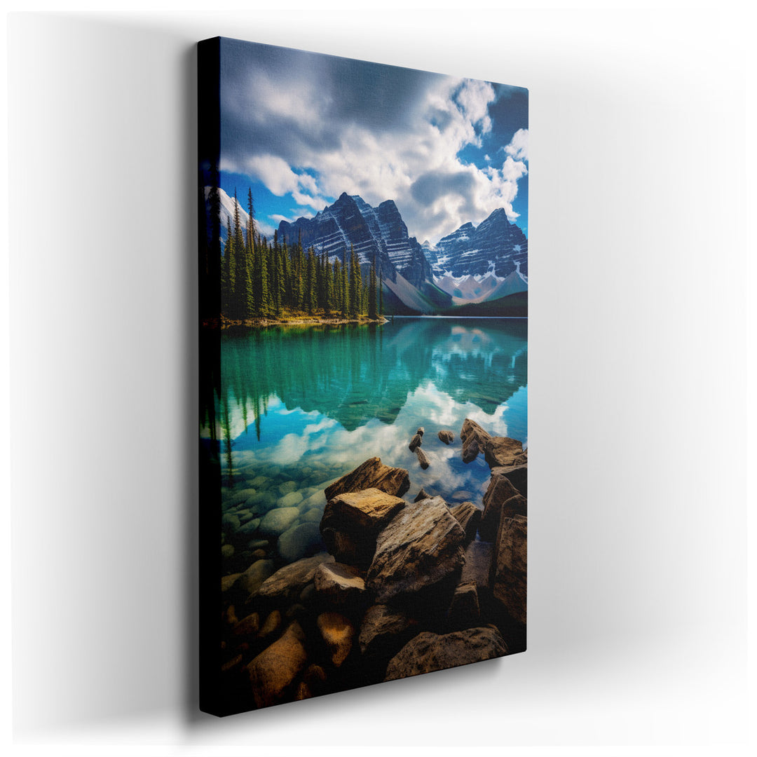 canvas print on wrapped canvas for wall decor – This exquisite wall art portrays a serene mountain lake, nestled amidst majestic peaks that rise boldly into the sky. Th...