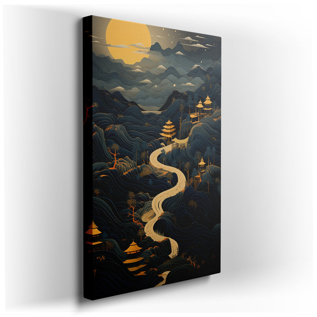 canvas print on wrapped canvas for wall decor – This captivating wall art offers a stylized depiction of a serene mountainous landscape, where the tranquility of nature...
