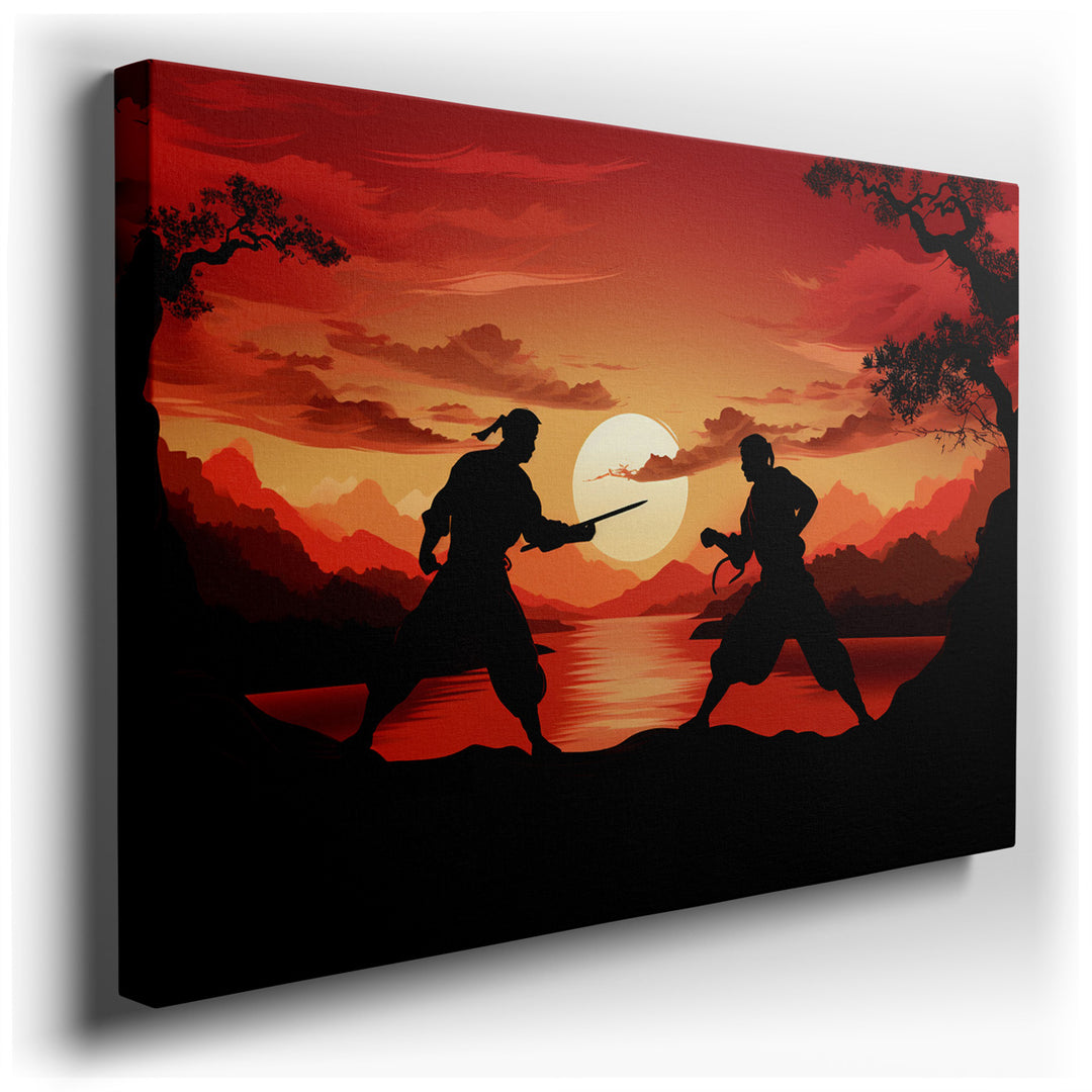 canvas print on wrapped canvas for wall decor – This wall art, a striking depiction of a martial arts duel, masterfully juxtaposes the serene beauty of nature with the...