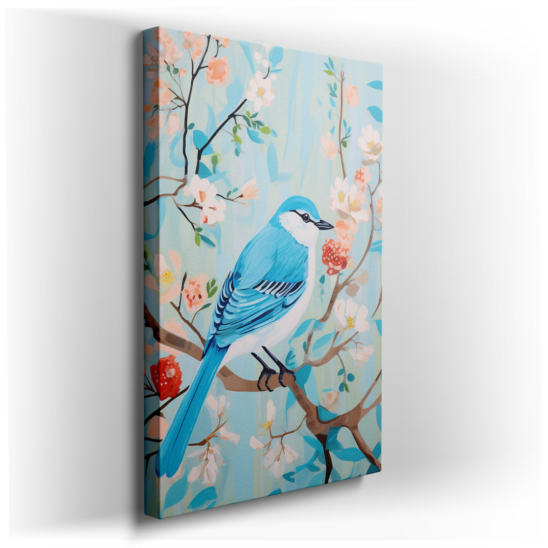 canvas print on wrapped canvas for wall decor – This enchanting wall art captures the essence of a tranquil natural setting, featuring a stunning blue bird delicately p...