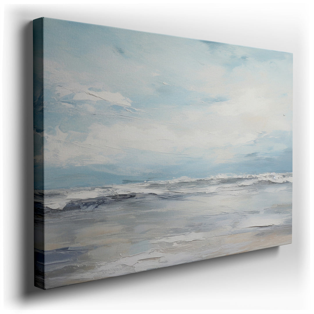 canvas print on wrapped canvas for wall decor – This atmospheric abstract wall art captures the essence of a tranquil seascape, where the gentle undulations of ocean wa...
