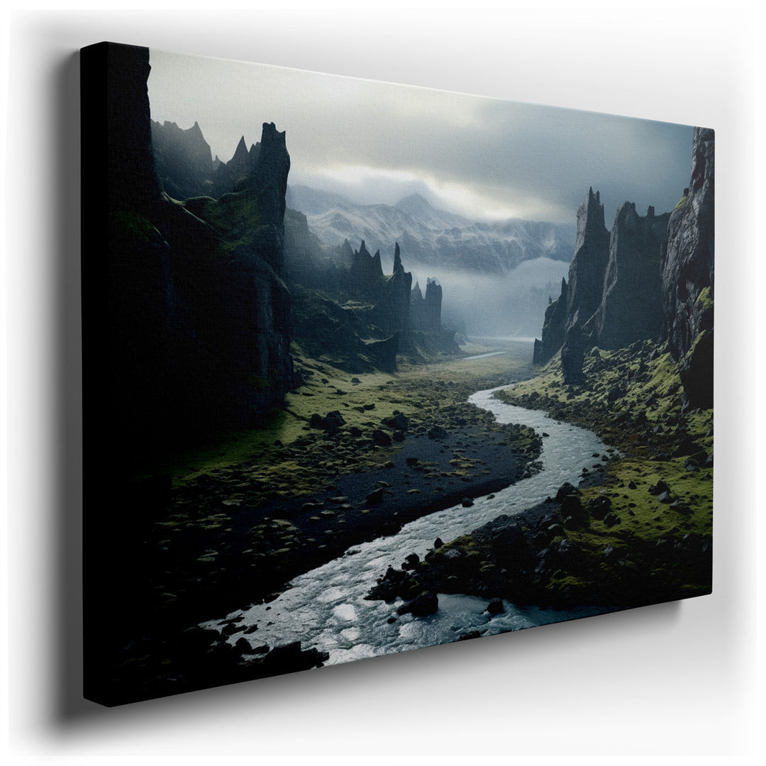 canvas print on wrapped canvas for wall decor – This exquisite wall art portrays a serene river gracefully meandering through a lush valley, its banks hugged by dramati...