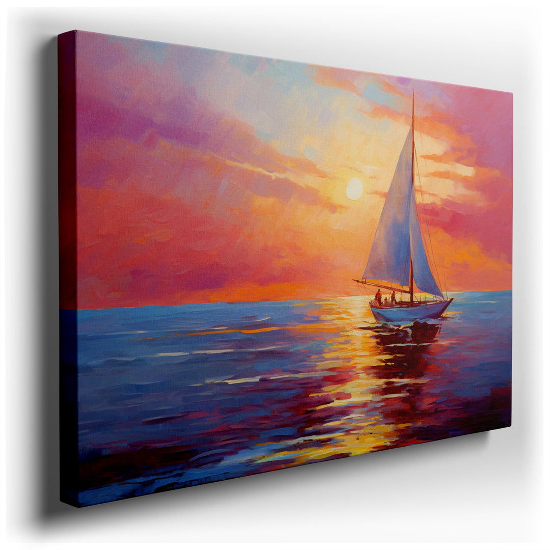 canvas print on wrapped canvas for wall decor – This exquisite wall art captures a vibrant sailboat as it gently glides across the serene waters, bathed in the warm, gl...