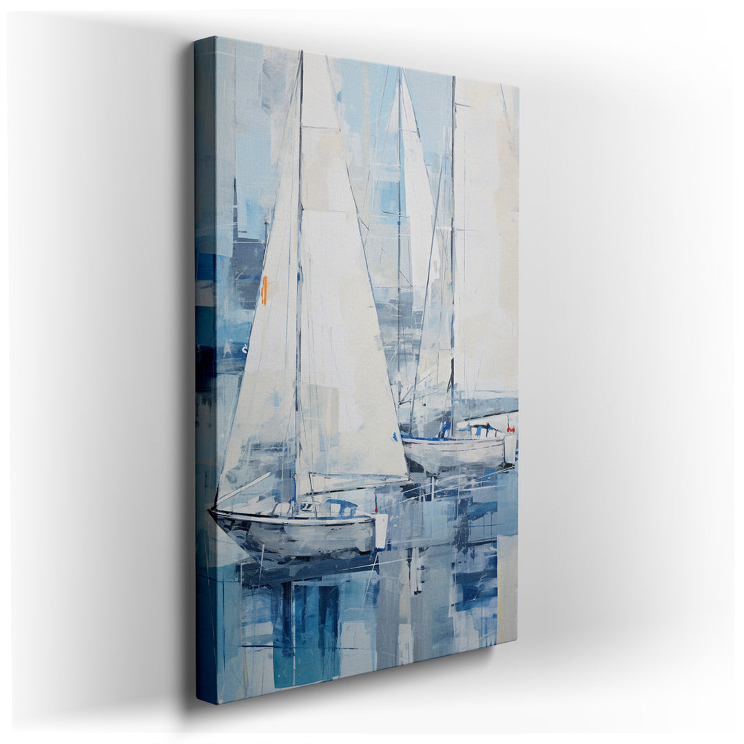 canvas print on wrapped canvas for wall decor – This contemporary wall art, a captivating depiction of elegant sailboats gliding across serene blue waters, is a masterp...