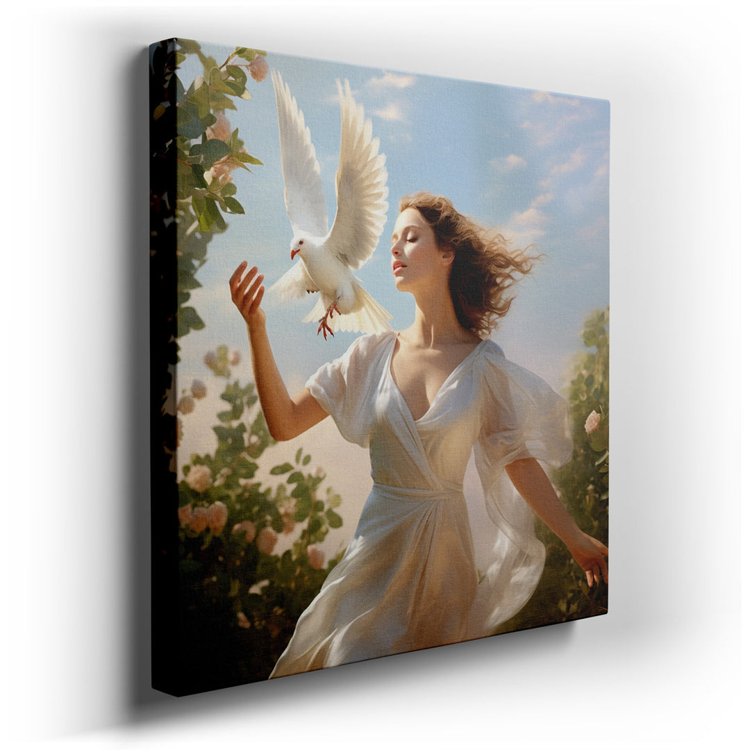 canvas print on wrapped canvas for wall decor – This exquisite wall art captures a serene moment in a lush garden, where a beautiful woman in a flowing white gown becom...