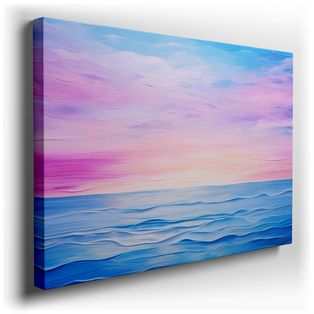 canvas print on wrapped canvas for wall decor – This exquisite wall art portrays a serene seascape at the magical hour of dusk, where the sky becomes a canvas of soft p...