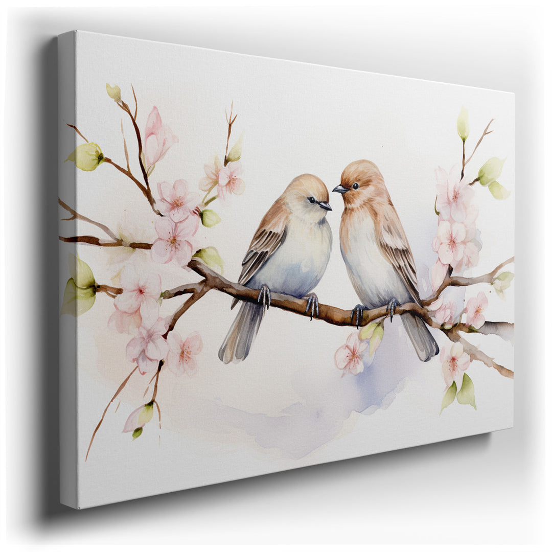 canvas print on wrapped canvas for wall decor – This exquisite wall art, a masterful depiction of nature's serene beauty, portrays two charming birds nestled together o...