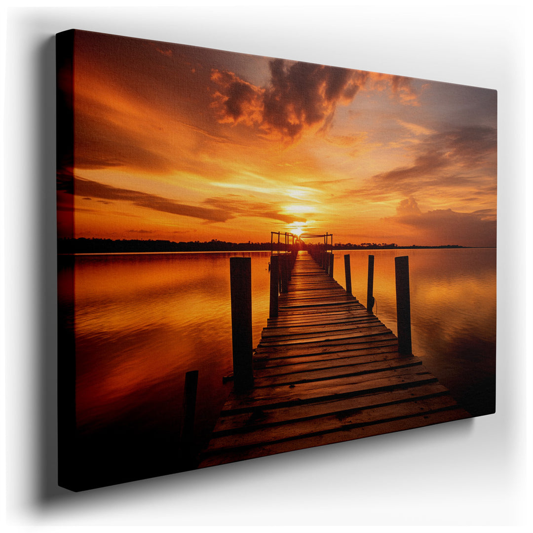 canvas print on wrapped canvas for wall decor – This exquisite wall art captures a serene and breathtaking moment, where the sun's final bow paints the sky with a palet...