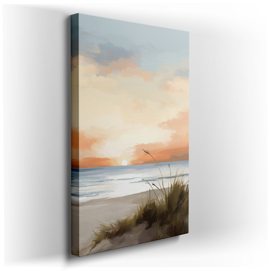 canvas print on wrapped canvas for wall decor – This wall art captures a serene moment at a picturesque beach during sunset, an image that evokes a deep sense of peace...