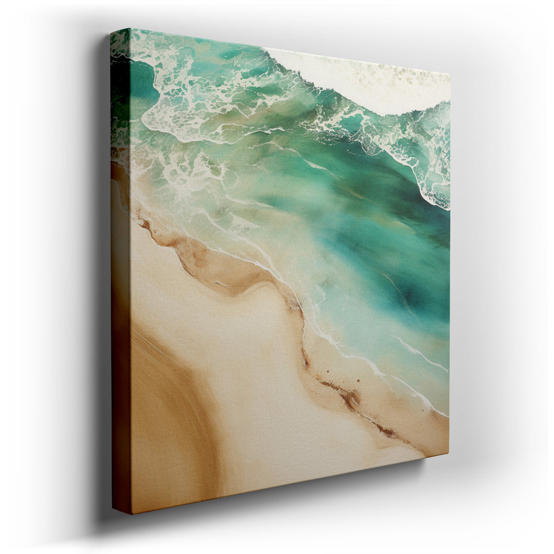 canvas print on wrapped canvas for wall decor – This wall art, an exquisite aerial depiction of a coastal scene, is a masterful representation of the serene interplay b...