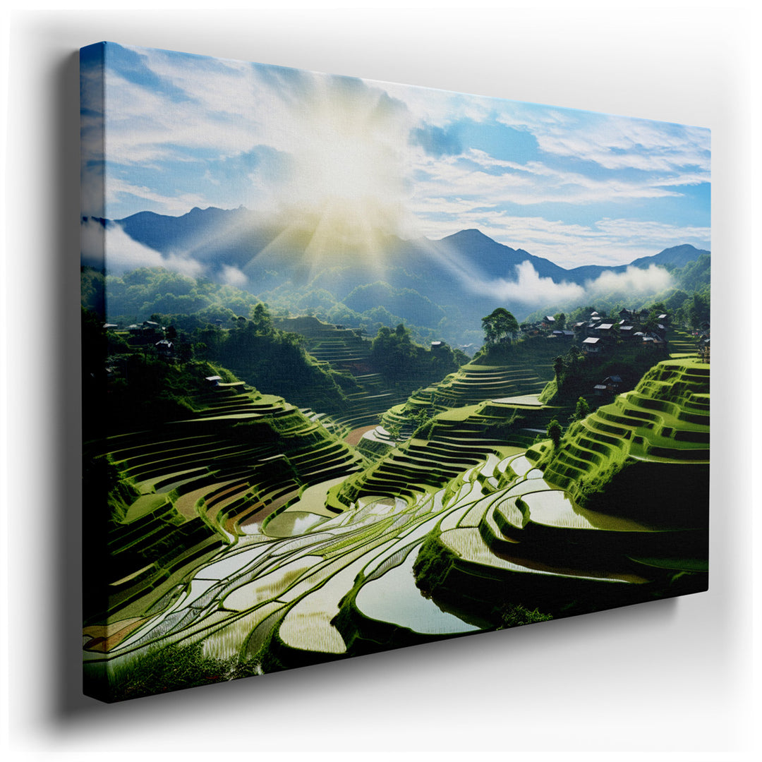 canvas print on wrapped canvas for wall decor – This exquisite wall art portrays a breathtaking scene of terraced rice fields, bathed in sunlight, nestled among verdant...