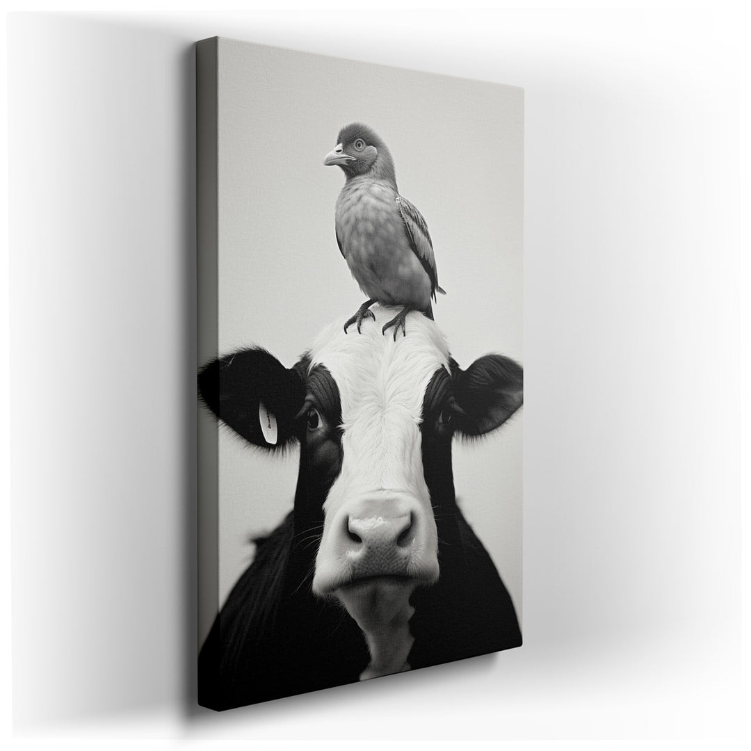 canvas print on wrapped canvas for wall decor – This wall art, rendered in a striking black and white palette, captures a serene yet intriguing scene of interspecies co...
