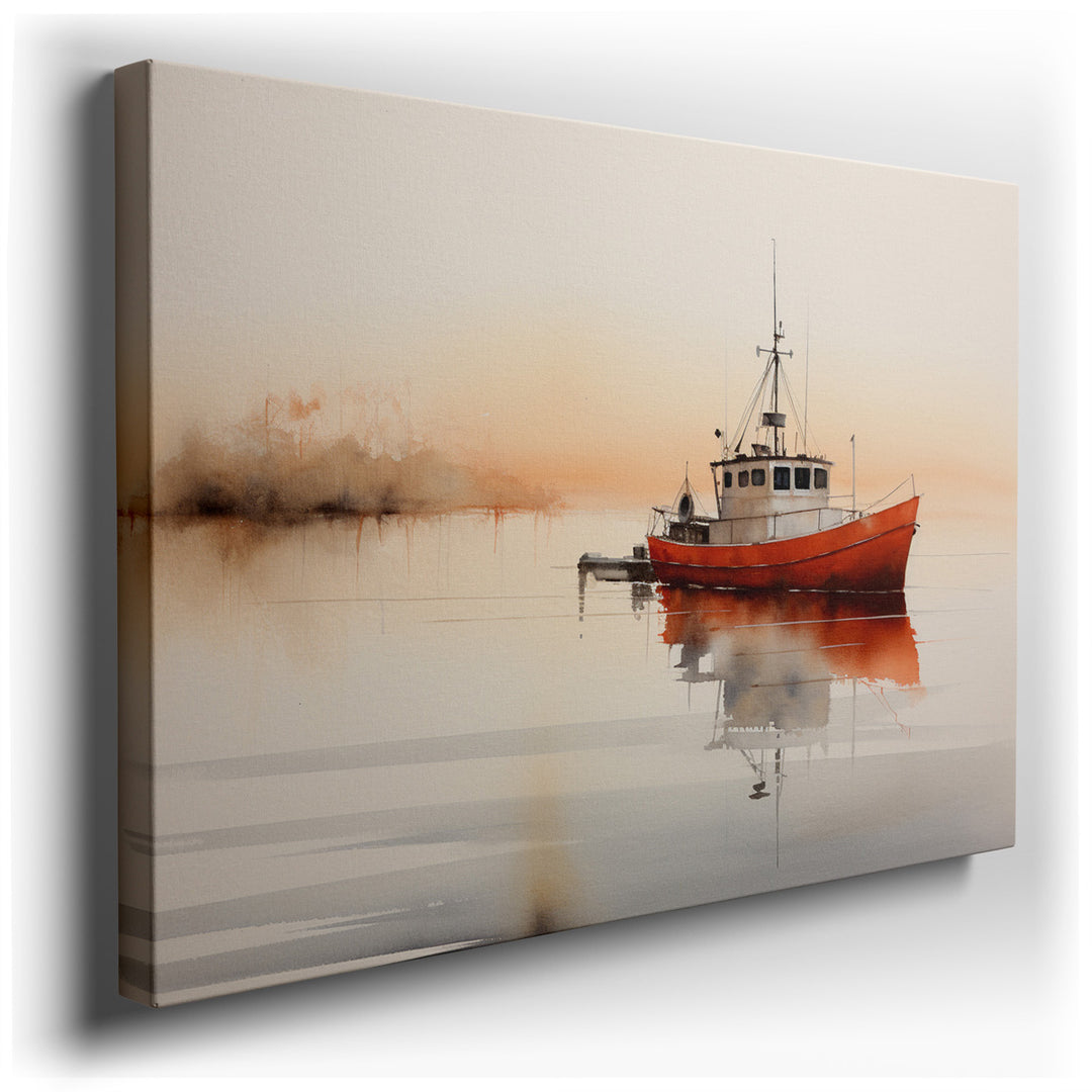 canvas print on wrapped canvas for wall decor – This exquisite watercolor-style wall art portrays a serene scene of a solitary boat floating gently on placid waters, en...