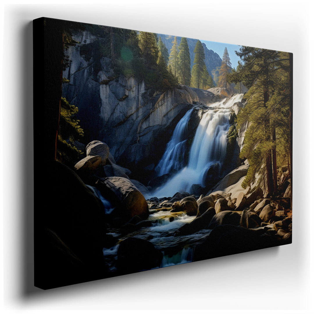 canvas print on wrapped canvas for wall decor – This captivating wall art portrays a breathtaking waterfall, gracefully tumbling over rugged cliffs, surrounded by an ab...