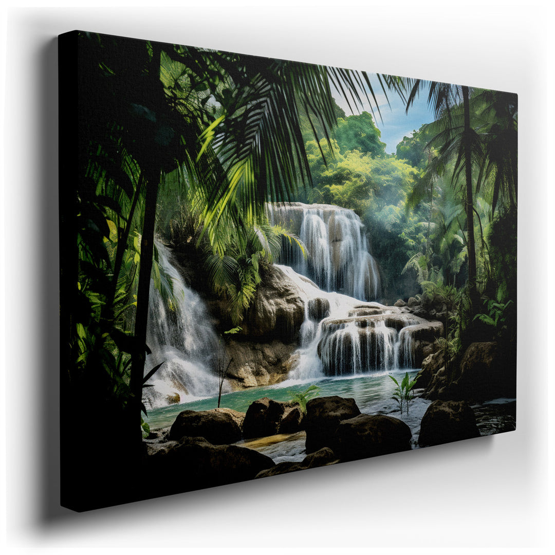 canvas print on wrapped canvas for wall decor – This exquisite wall art portrays a mesmerizing waterfall, gracefully tumbling over a series of rugged rocks, enveloped b...